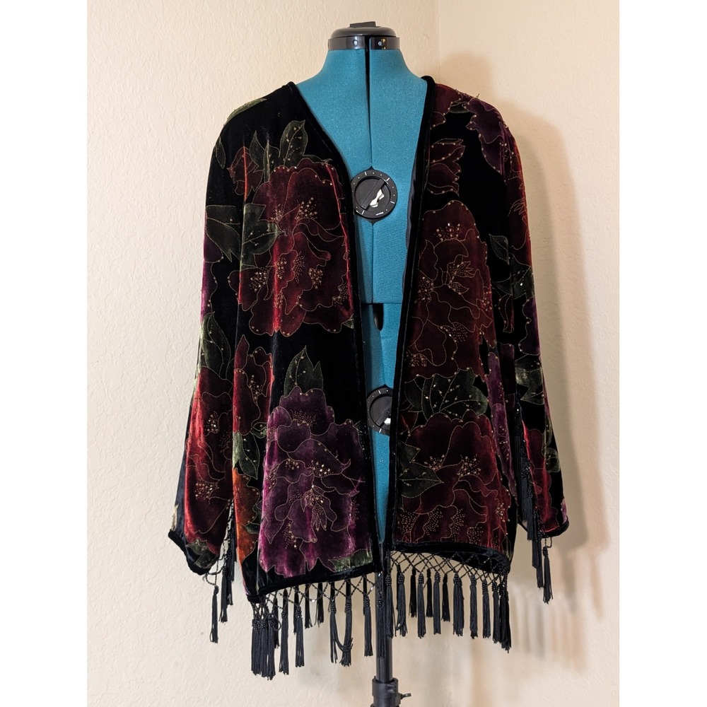 Chicos Design Velvet Beaded Burnout Floral Kimono Jacket Tassle Fringe 0